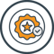 Icon with a central orange gear containing a white star. To the right of the gear, there is a white checkmark inside a grey circle. The icon is enclosed within a larger grey circle with a thick border.