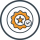 Icon with a central orange gear containing a white star. To the right of the gear, there is a white checkmark inside a grey circle. The icon is enclosed within a larger grey circle with a thick border.