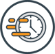 Icon of a clock within a circle. The clock face is white with a grey border outlined in a darker tone with orange rectangular shapes to showcase speed lines.